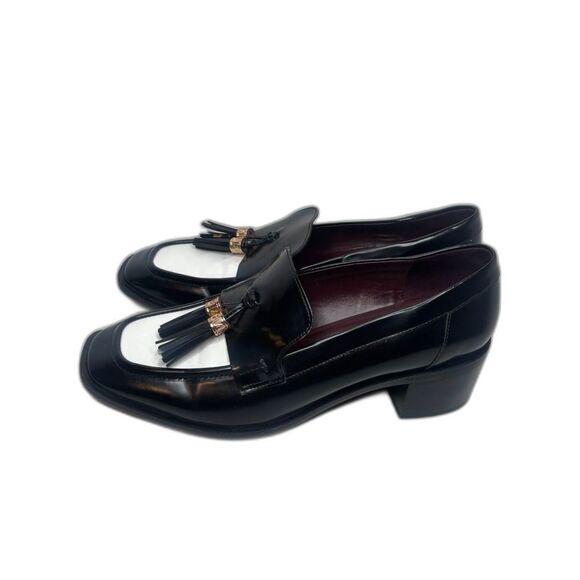 Franco Sarto Donna Patent Leather Black White Womens Heeled Loafers Shoes Tassle - Picture 2 of 11